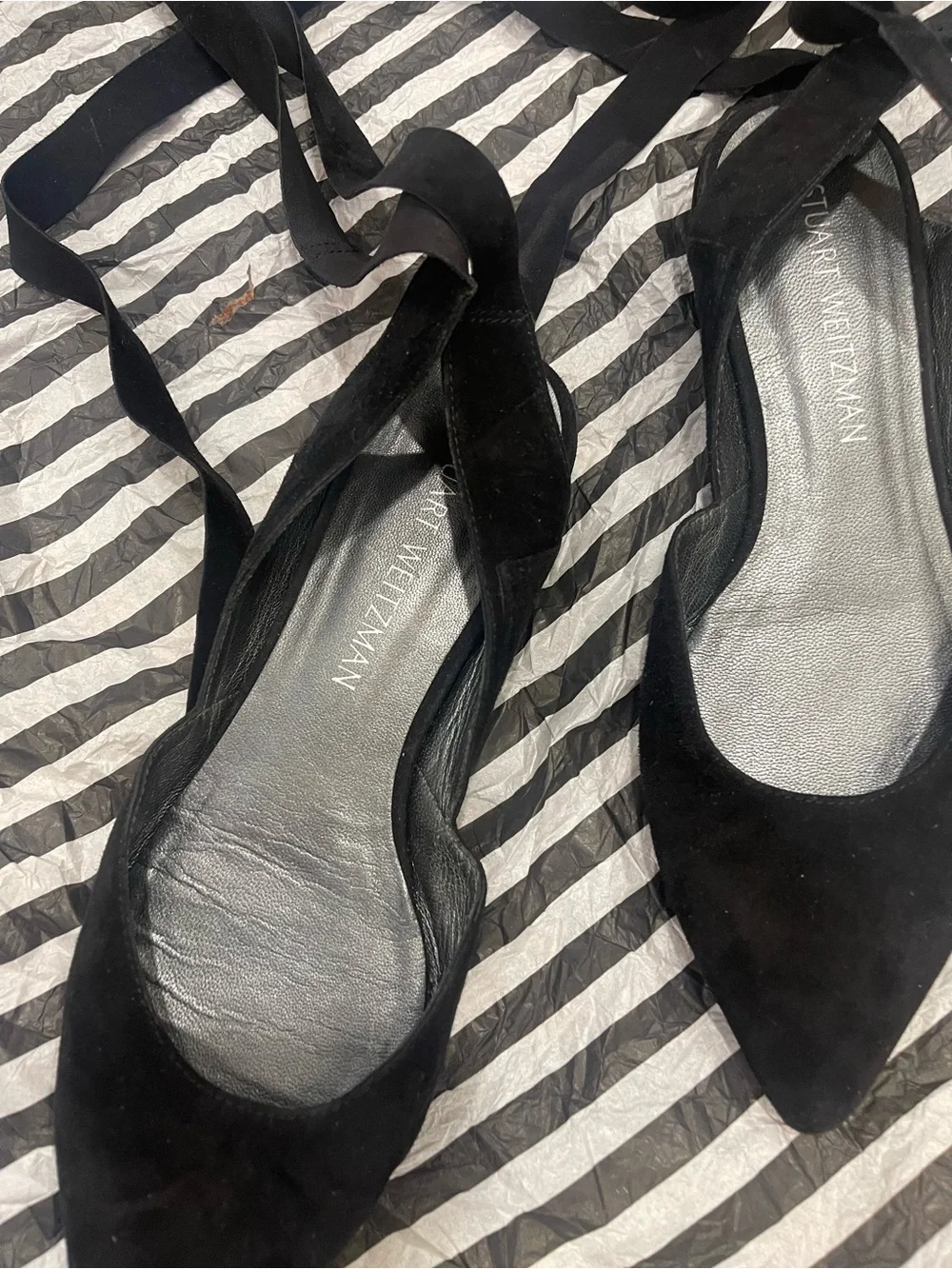 Stuart Weitzman Black Suede Pointed Tie-Back Flats with Ankle Ribbons - Picture 5 of 10